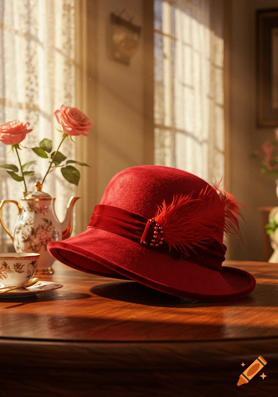 A red cloche hat with a feather and velvet ribbon sits on a polished wooden table next to a teapot and pink roses, illuminated by soft window light.