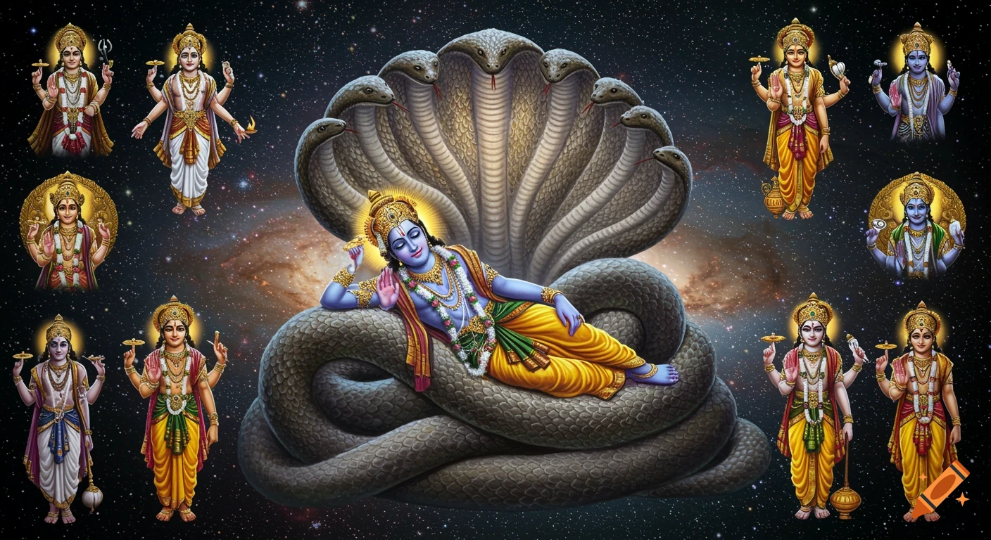 Mahavishnu rests on a multi-headed serpent against a starry galaxy backdrop, surrounded by Vishnu avatars.