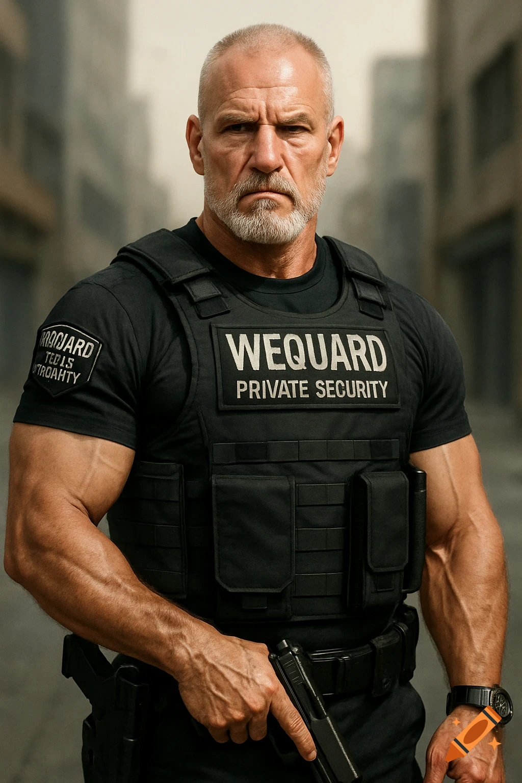 Photorealistic portrait of a serious, muscular security guard in a black tactical vest holding a pistol, set in an urban environment.