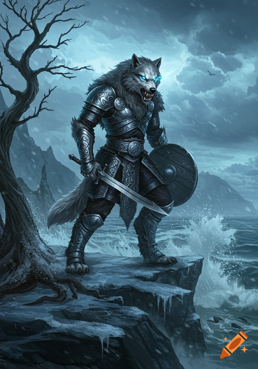 A fierce armored werewolf with glowing blue eyes stands on a snowy cliff overlooking a stormy sea under a dark sky.