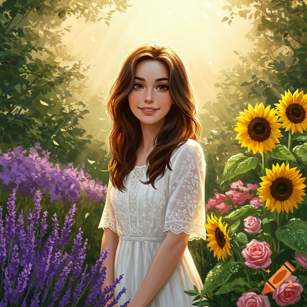 A young woman with long brown hair smiles, standing in a lush garden filled with purple lavender, yellow sunflowers, and pink roses, bathed in warm sunlight.