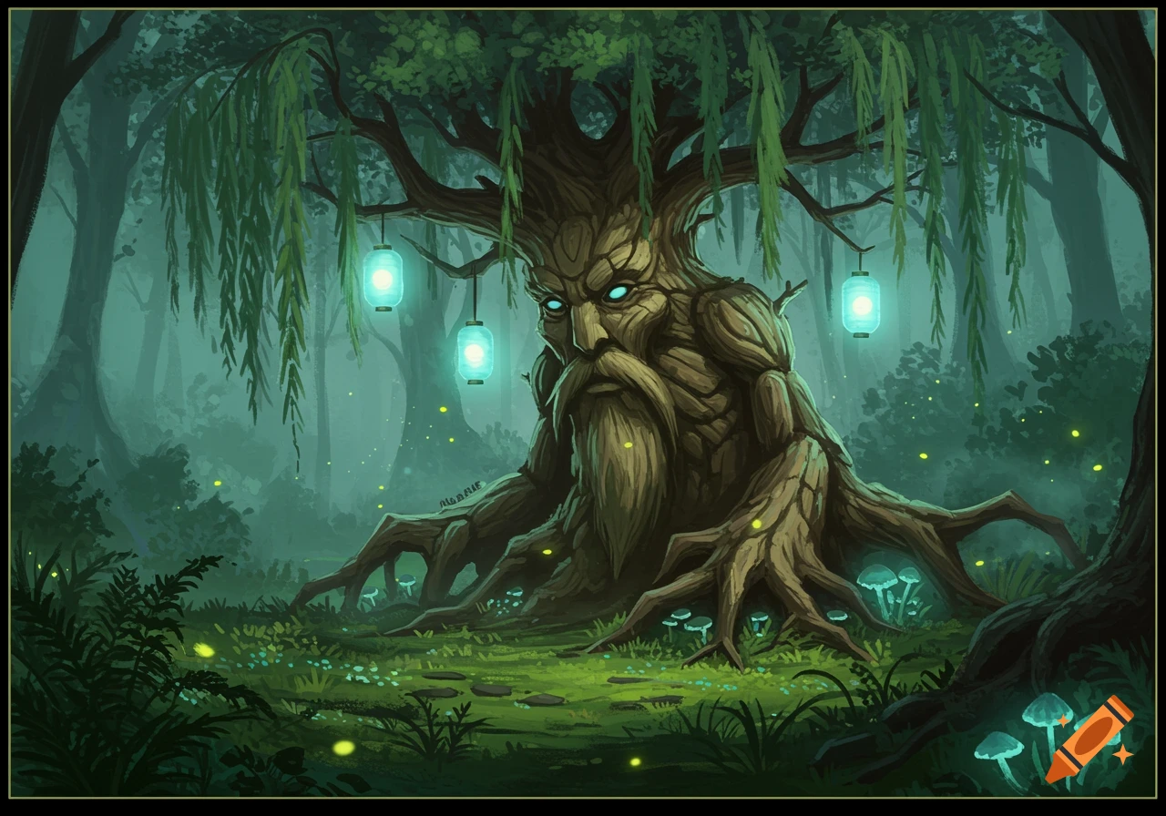 A mystical tree creature with glowing eyes and lanterns in a dark, misty fantasy forest with bioluminescent mushrooms.