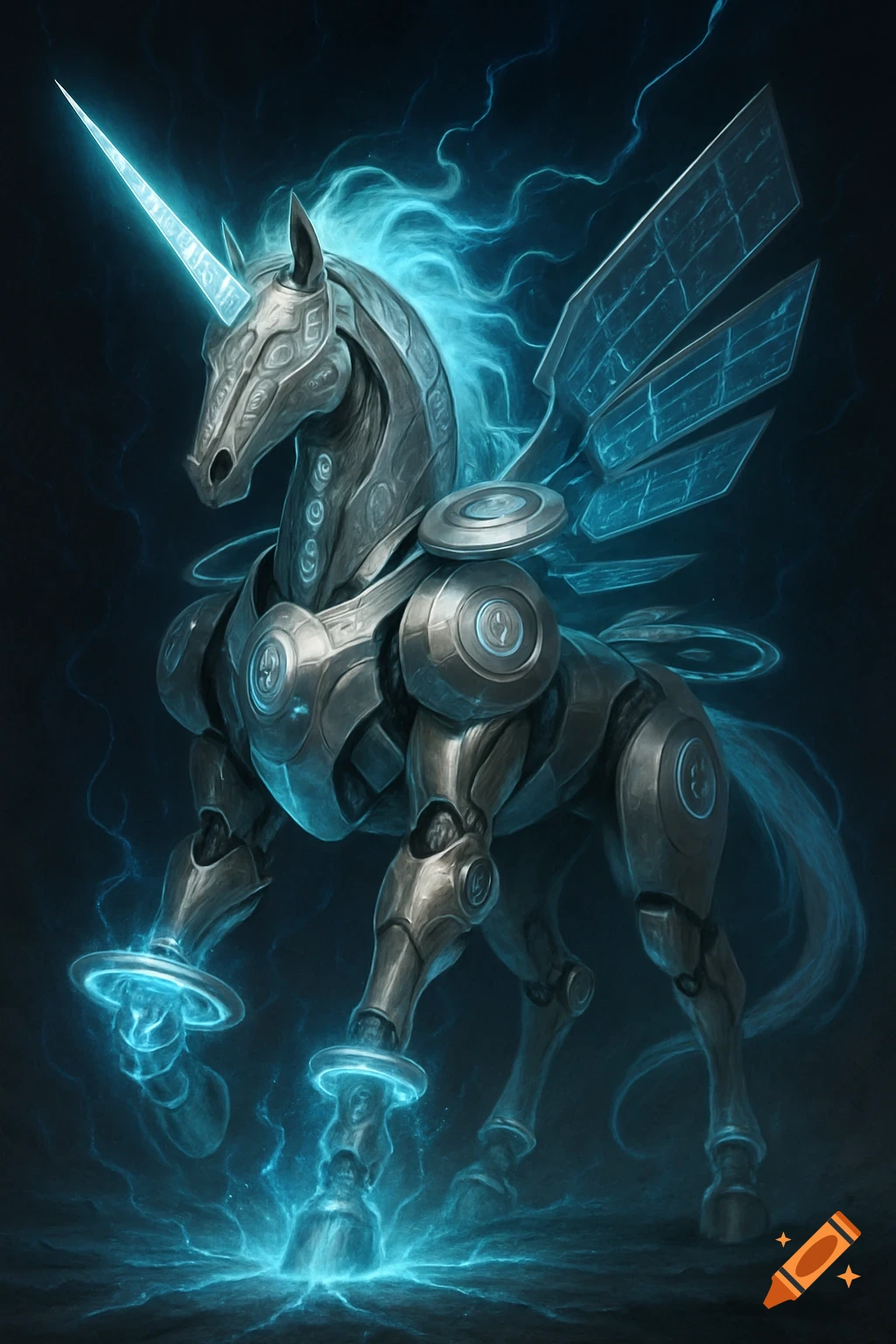 A futuristic, armored unicorn with glowing blue energy and mechanical wings stands against a dark background.