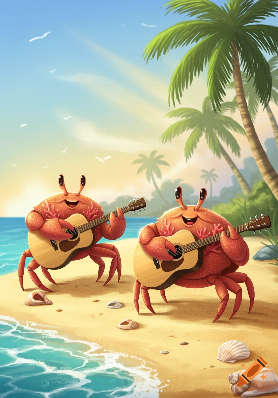 Two smiling cartoon crabs play acoustic guitars on a sunny sandy beach with palm trees and ocean waves.