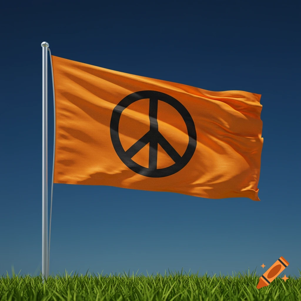 An orange flag with a black peace sign waves on a pole in a field of green grass under a clear blue sky.