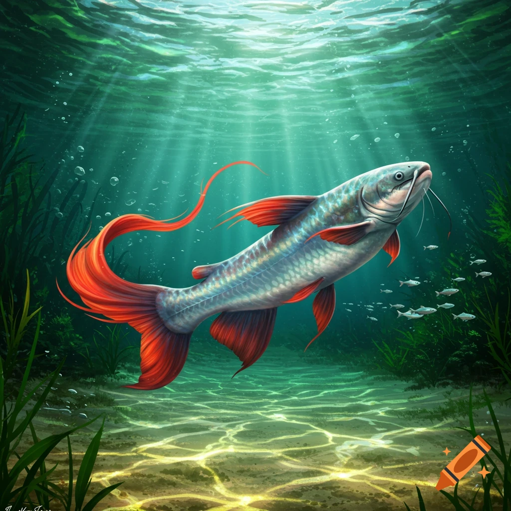A detailed illustration of a large catfish with bright red fins and tail swimming in clear, sunlit green-blue water.