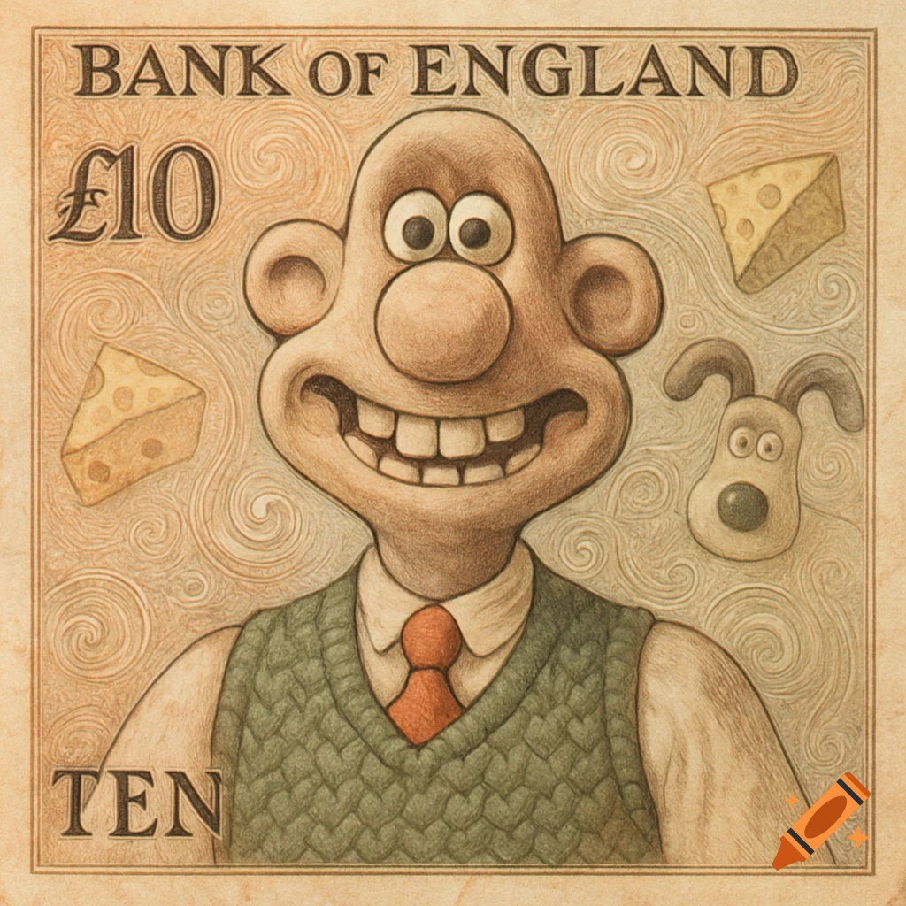 Illustration of Wallace from Wallace and Gromit on a youngsters10 banknote, smiling, with Gromit and cheese in the background.