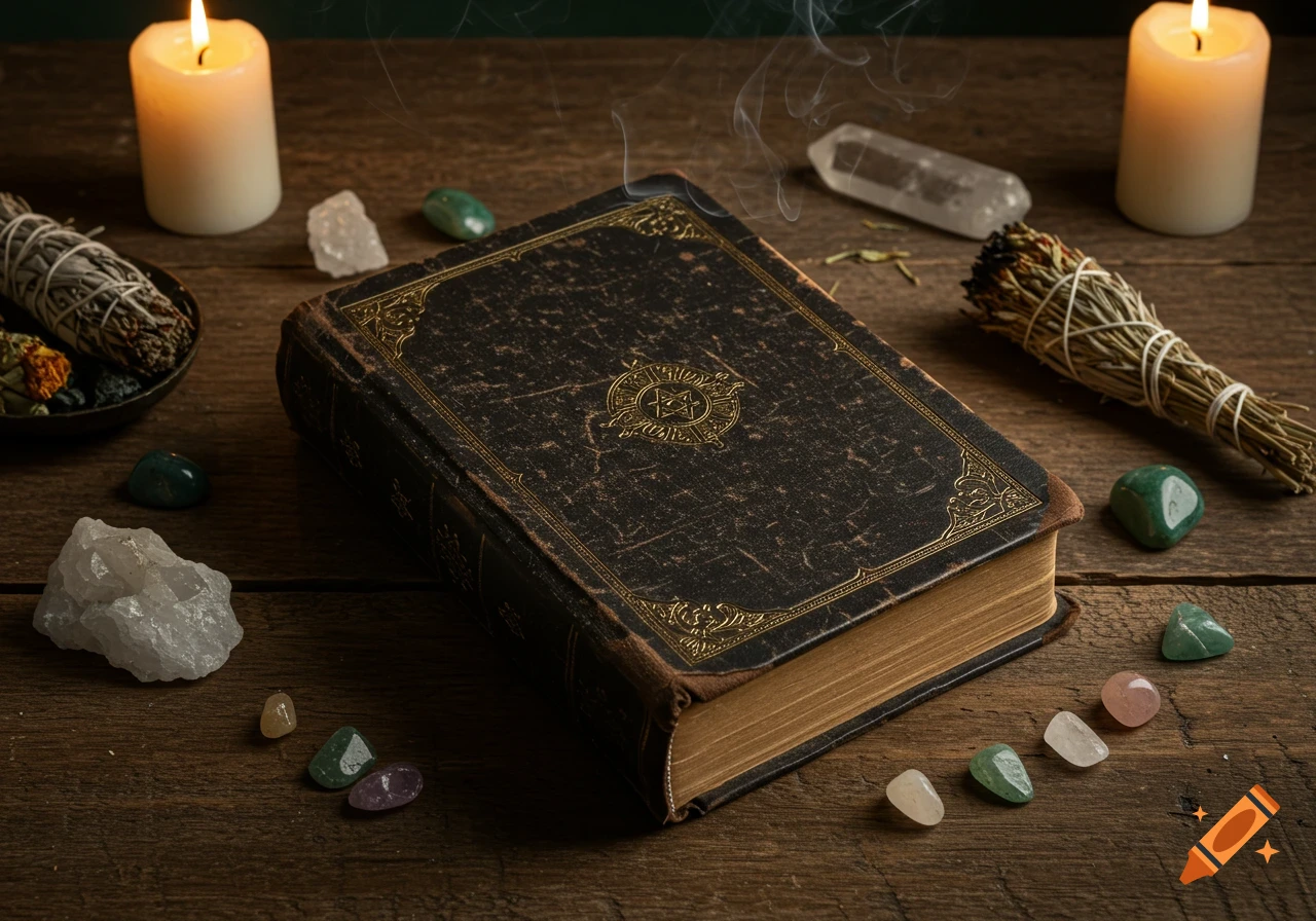 Overhead shot of an ornate grimoire with lit candles, smoking sage, and crystals on a rustic wooden table.