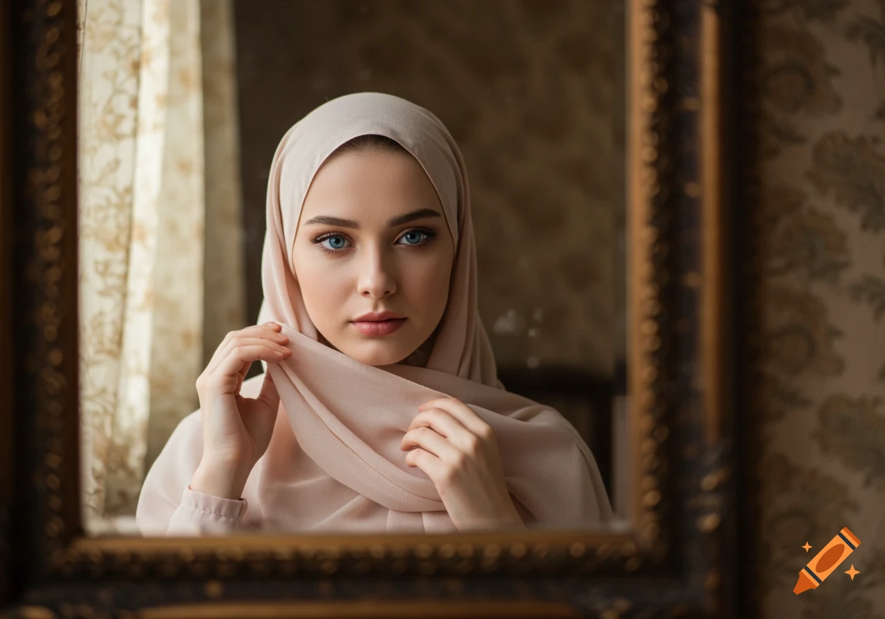 A woman with blue eyes wearing a beige hijab looks directly at the viewer through a framed mirror.