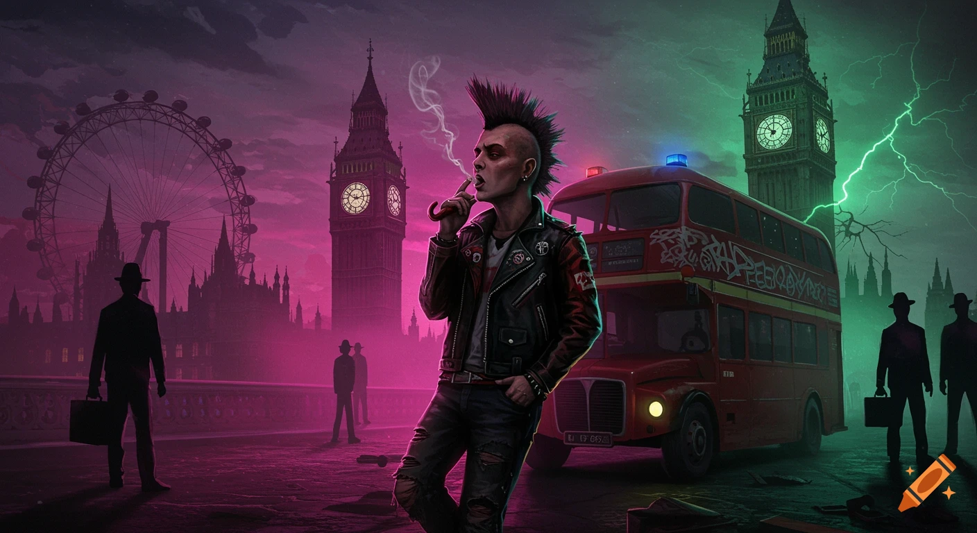A stylized, neon-lit depiction of London with a punk smoking in the foreground. Big Ben and the London Eye are visible in the background, along with a graffiti-covered double-decker bus. Shadowy figures stand nearby, all under a stormy sky.