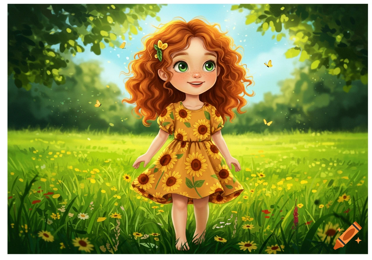 A cute cartoon redhead girl with green eyes and freckles, wearing a yellow sunflower dress, standing in a sunny green field with yellow flowers and butterflies.