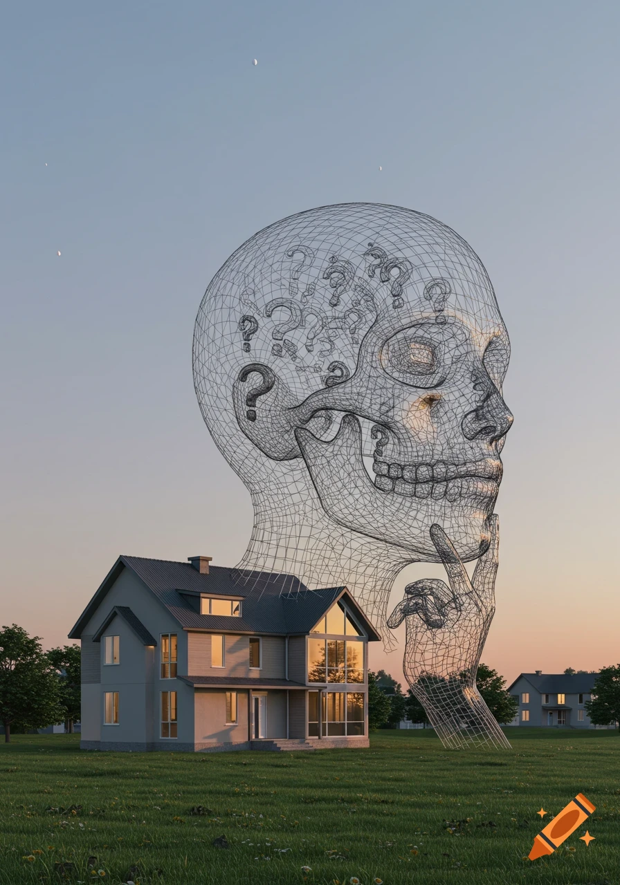 A massive wireframe skull with question marks in its brain overlooks a modern house in a grassy field at dusk.