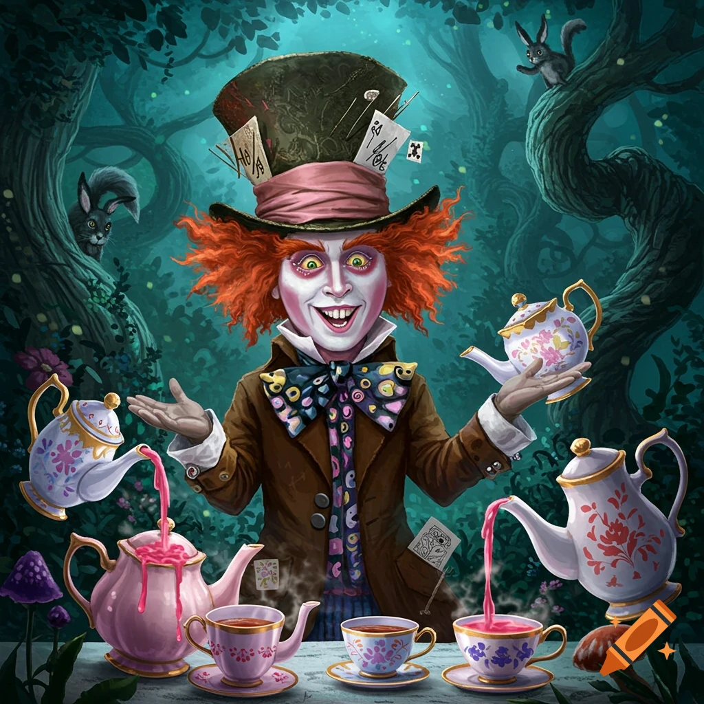 A vibrant illustration of the Mad Hatter from Alice in Wonderland, standing amidst a fantastical tea party with teapots and cups, in a whimsical forest.
