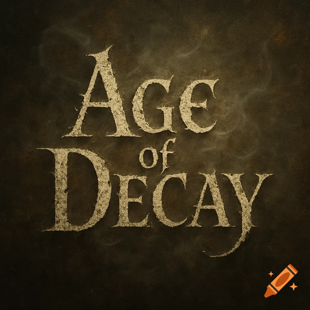 Distressed, textured logo featuring the words 'Age of Decay' on a dark, smoky background.