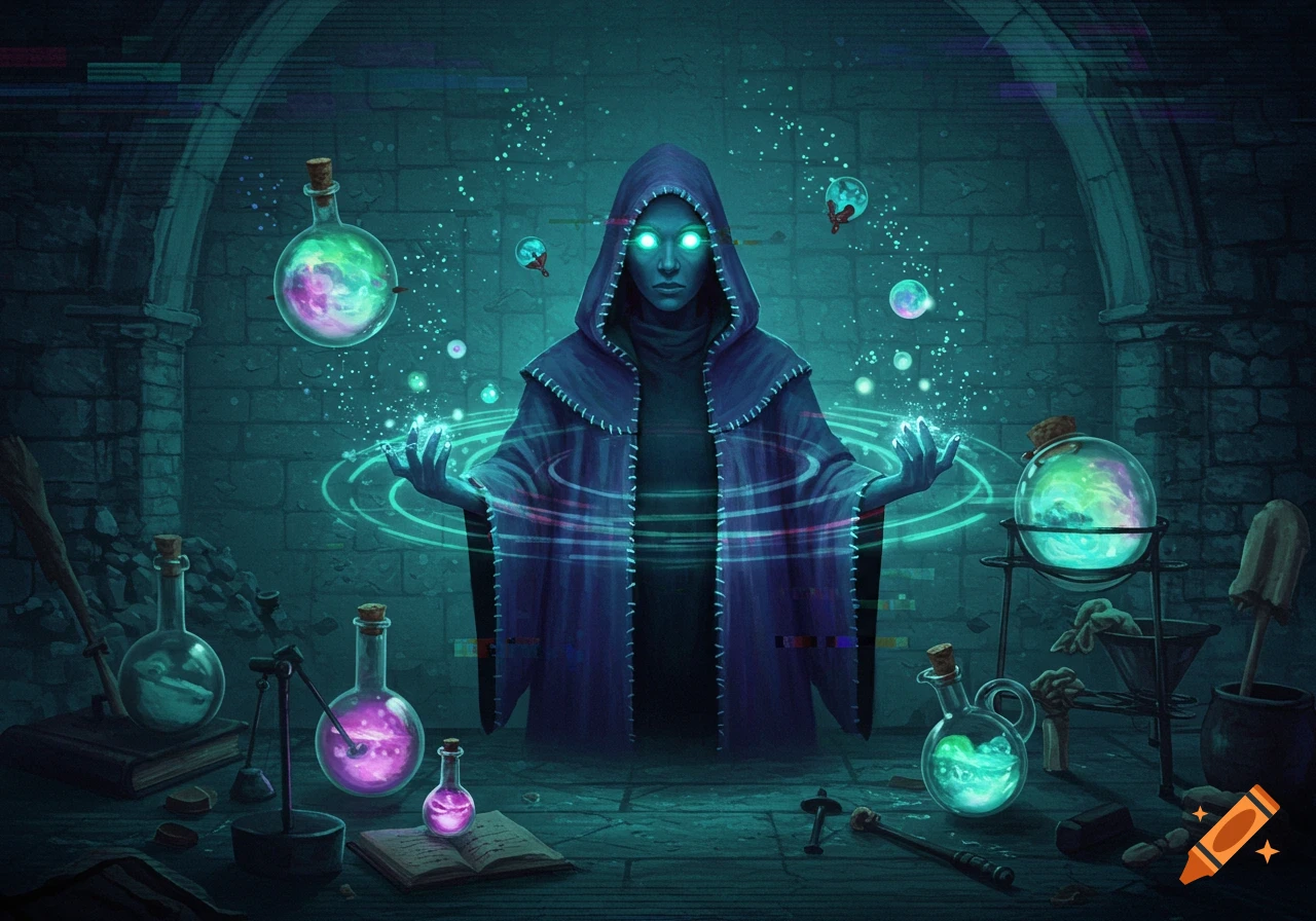 A hooded alchemist with glowing eyes conjures magic, surrounded by bubbling potions and arcane tools in a dark stone chamber, with a subtle digital glitch aesthetic.