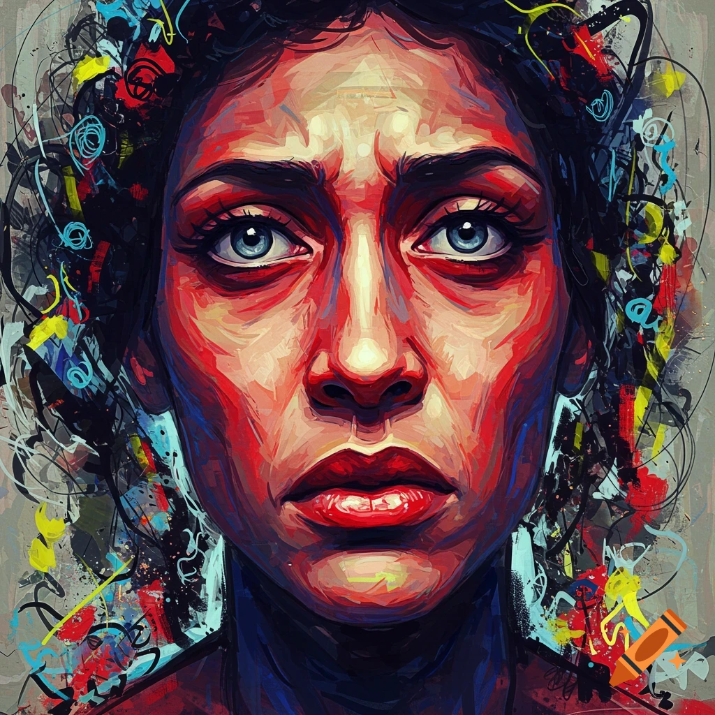 A neo-expressionist portrait of a person with intense blue eyes and red-toned skin, surrounded by colorful, abstract brushstrokes.