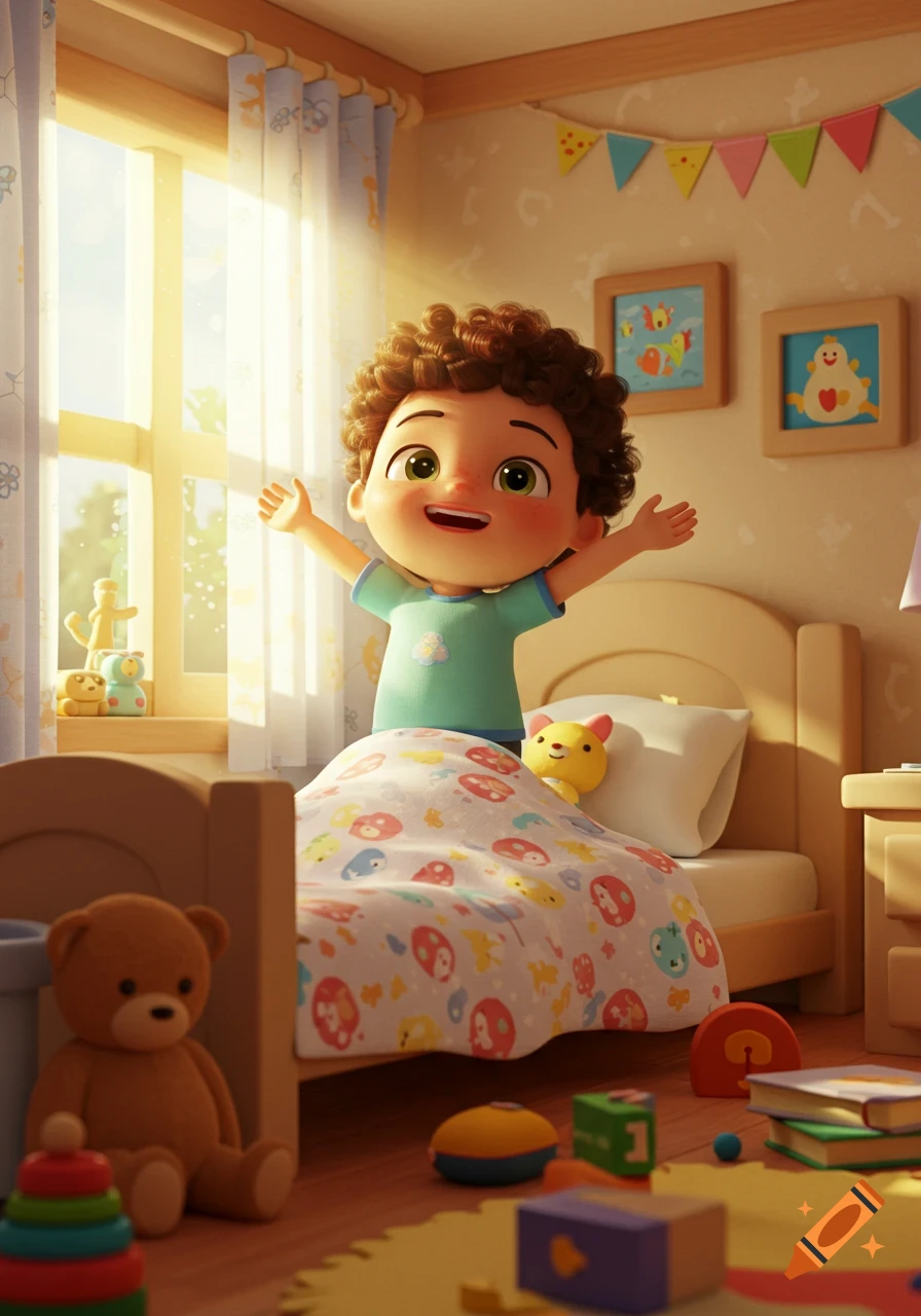 A cheerful 3D animated child with curly hair stretches in bed in a sunny, colorful bedroom filled with toys.