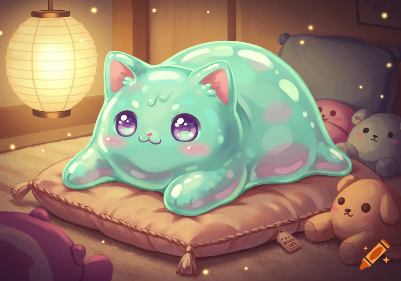 A cute, mint-green slime cat with large purple eyes lies on a brown pillow, surrounded by plush toys in an anime style room with a glowing lantern.