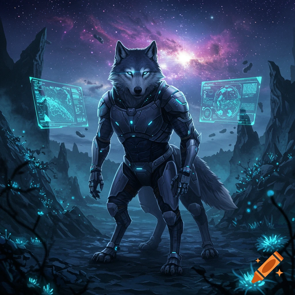 A bipedal wolf in futuristic armor stands on an alien planet under a cosmic sky with glowing plants and holographic displays.