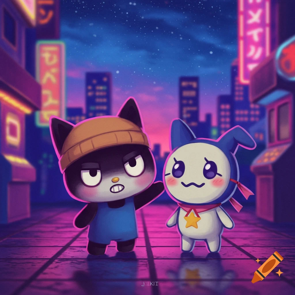 A grumpy black cat in a beanie and blue overalls stands next to a smiling white and blue rabbit-like creature with a star necklace, on a neon-lit cyberpunk street at night.