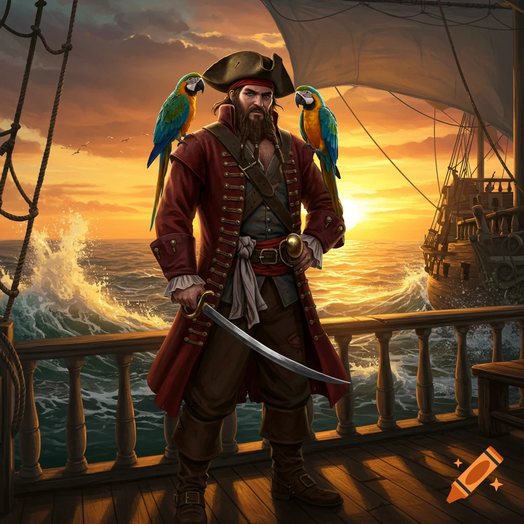 A bearded pirate with two parrots on his shoulders stands on a ship deck at sunset, holding a sword. Stylized illustration.