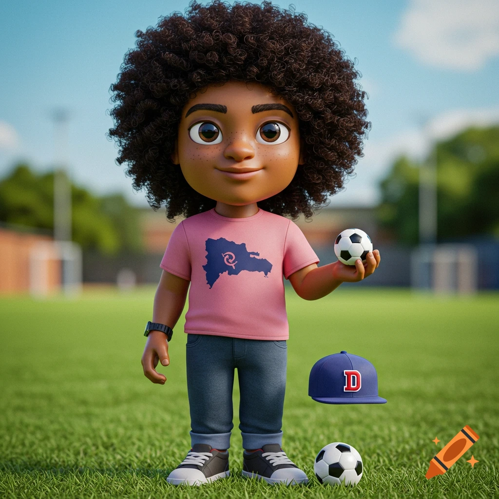 A 3D cartoon child with curly hair in a pink shirt with a D.R. map holds a soccer ball on a green field, with a 'D' cap nearby.