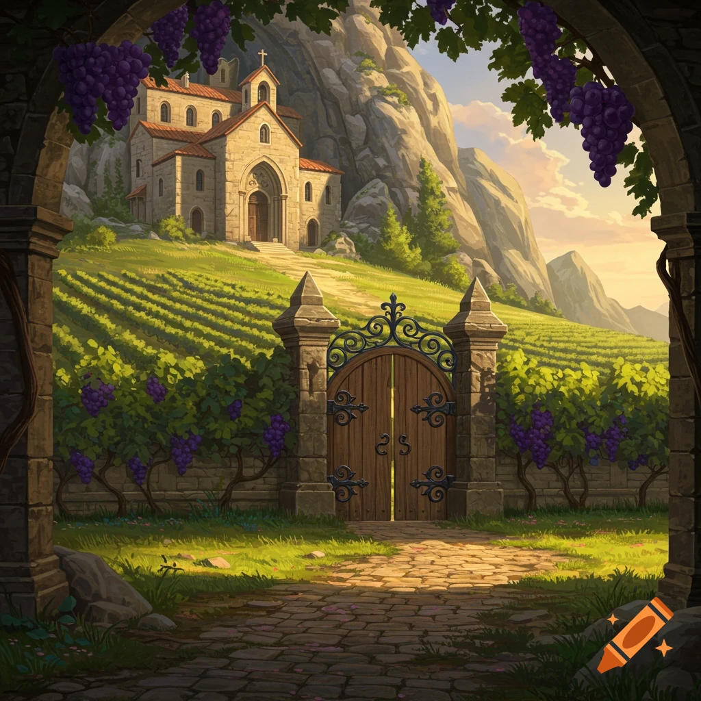 A stylized fantasy painting of an ancient stone monastery on a hillside above vineyards, seen through an ornate wooden gate.