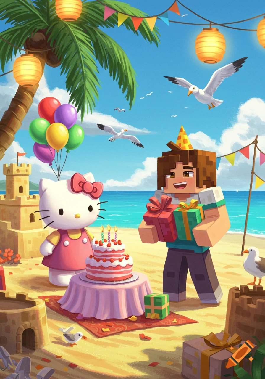 Hello Kitty and a Minecraft character celebrate a birthday on a sunny beach, with sandcastles, balloons, presents, and a cake.