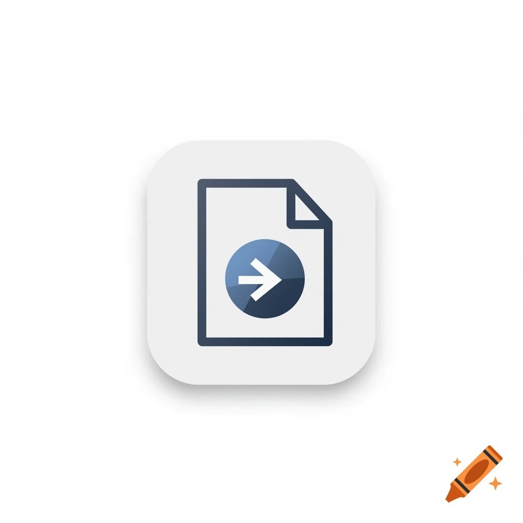 A minimalist app icon depicting a document file with a right-pointing arrow in a blue circle, on a light grey rounded square.