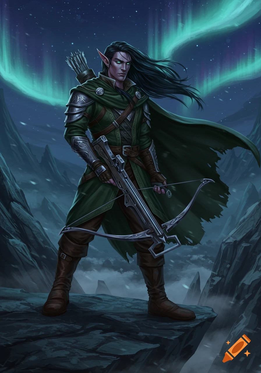 Male elf with long black hair and green eyes, in green armor, holding a crossbow on a snowy mountain under an aurora. Fantasy art.