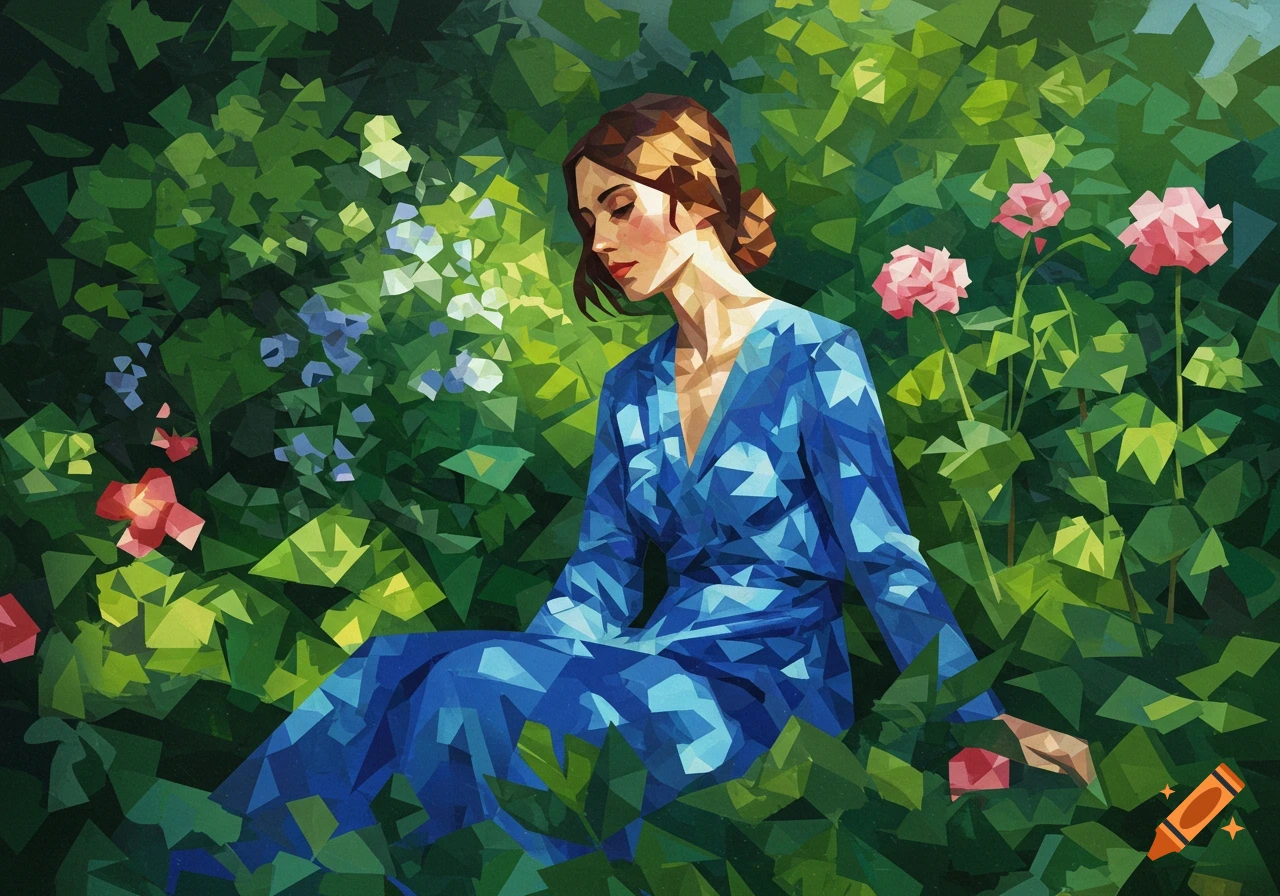 A cubist painting of a woman in a blue dress sitting in a vibrant green garden with flowers.