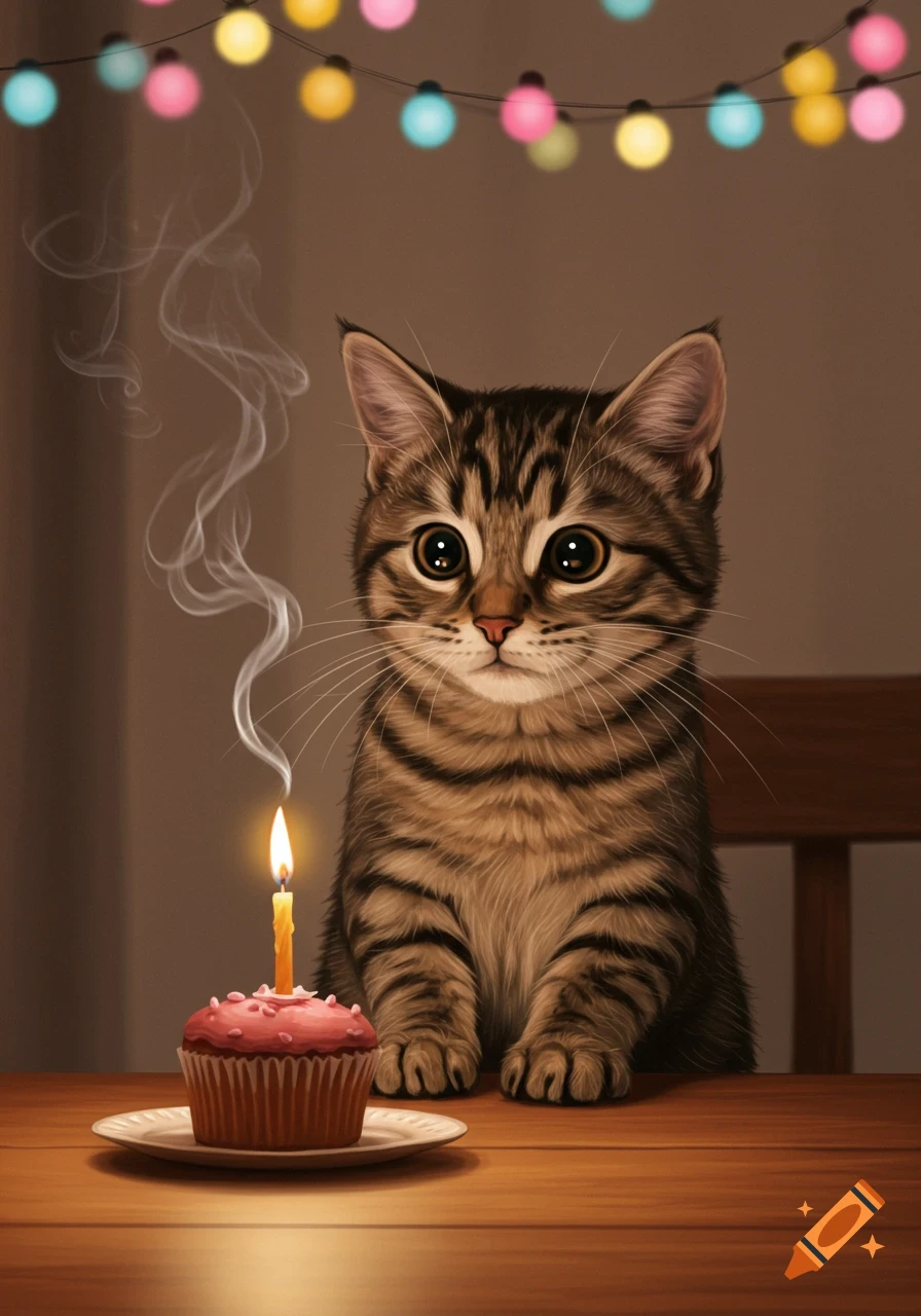 A cute tabby cat sits at a wooden table in front of a lit birthday cupcake, with colorful string lights above.