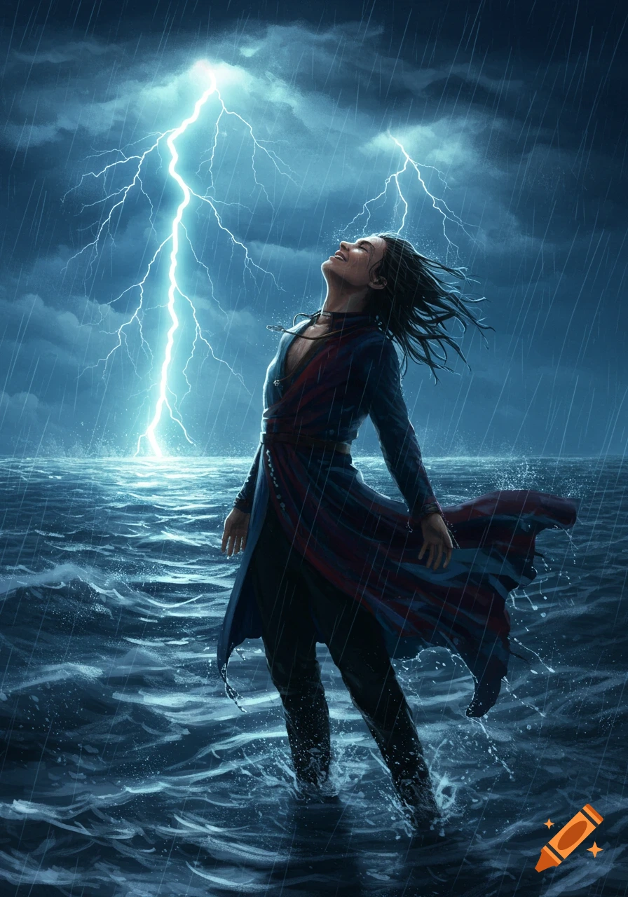 An individual stands in a stormy ocean with waves, looking up as lightning strikes from a dark, rainy sky.