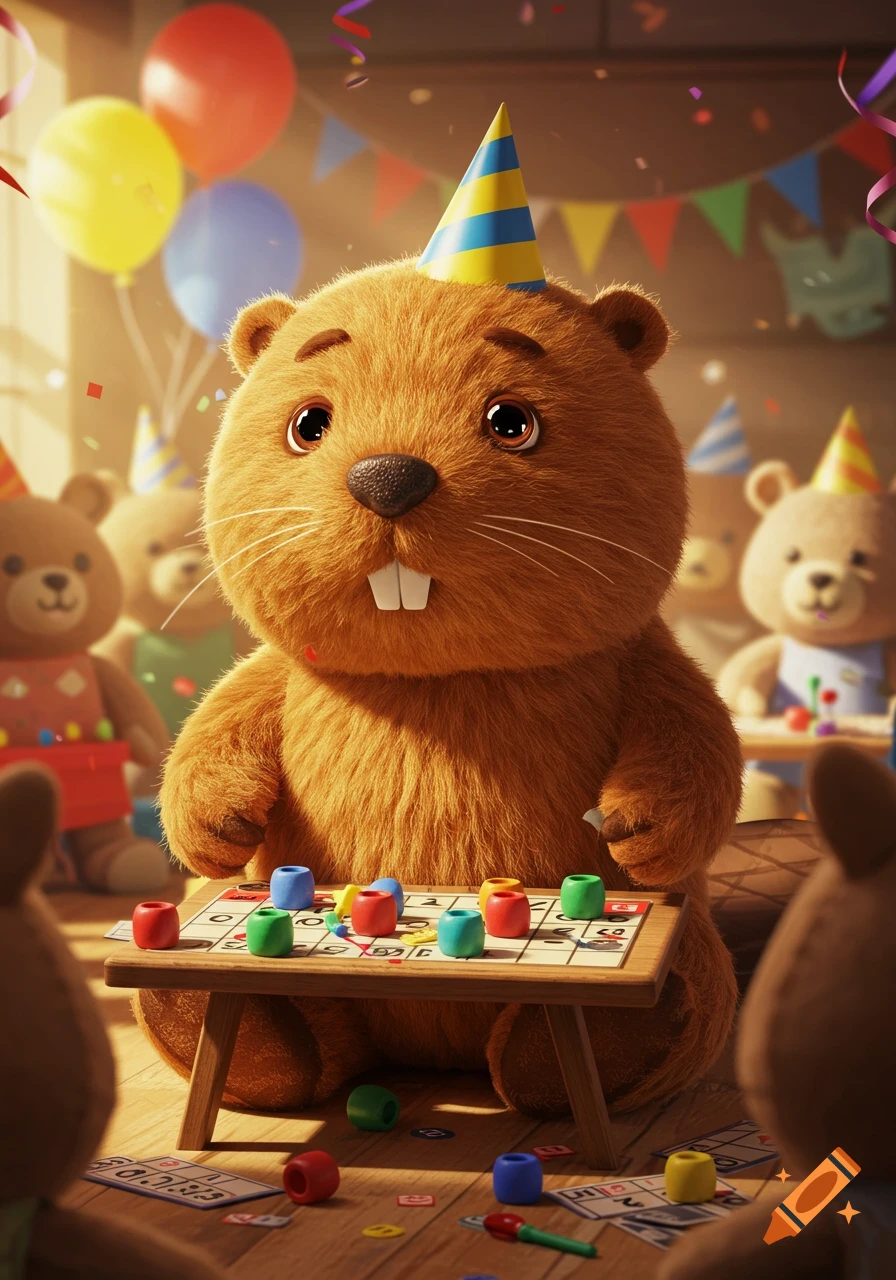A cute beaver wearing a party hat sits at a small table playing bingo with teddy bears in a festive, decorated room.