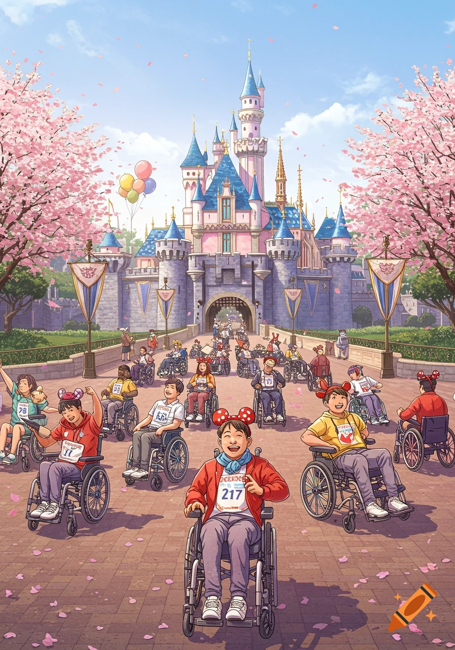 A large group of happy people in wheelchairs in front of Disneyland castle with cherry blossoms, in an anime style.