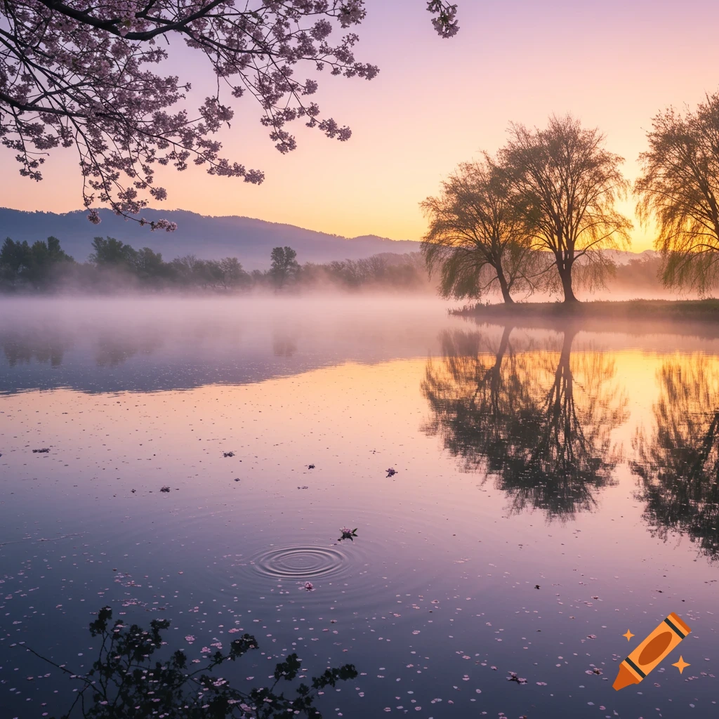 A serene misty lake at sunrise with cherry blossoms in the foreground and trees reflected in the water.