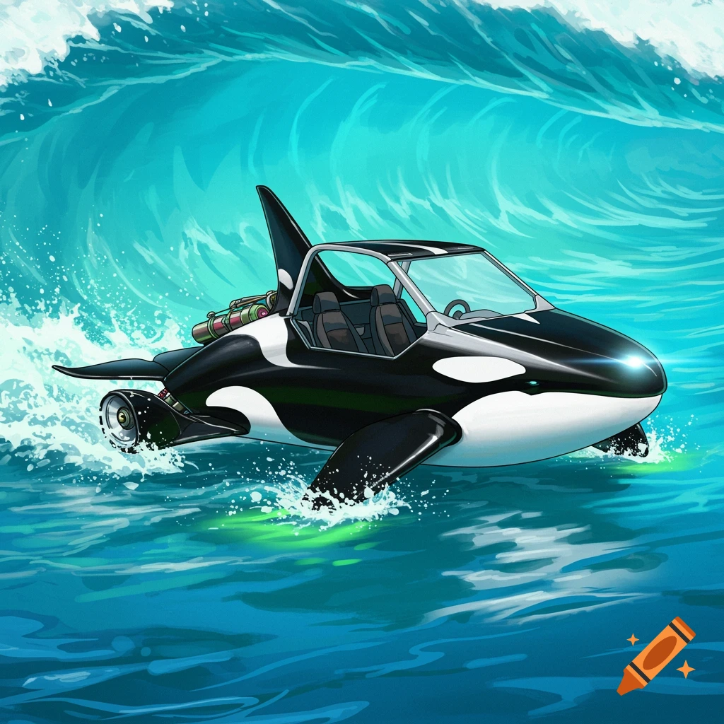 A black and white killer whale-themed buggy with a cockpit and wheels, speeding through blue ocean waves in a cartoon style.
