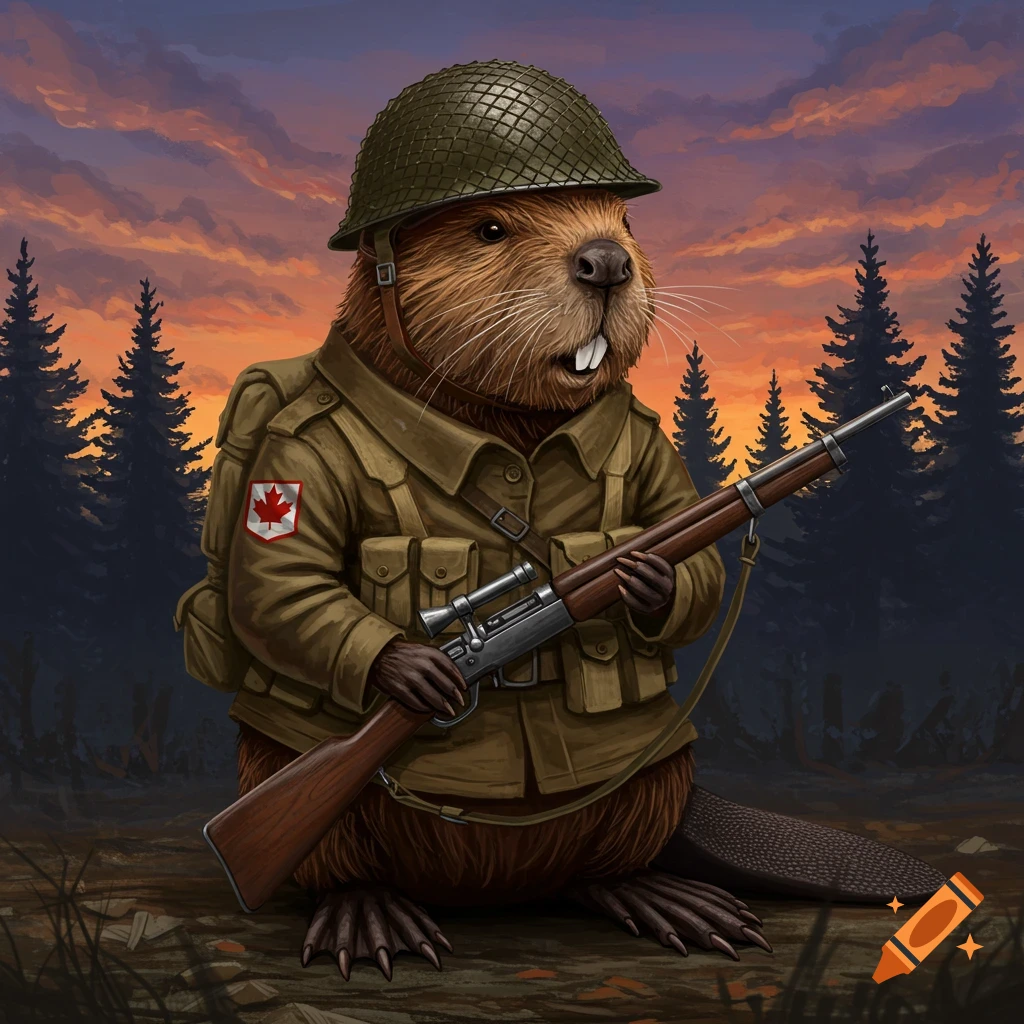 A beaver wearing a Canadian World War 2 military uniform and helmet, holding a rifle, standing in a forest at sunset.