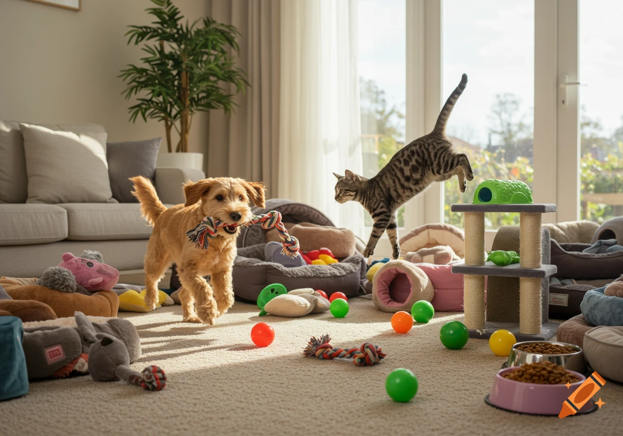 A golden dog with a rope toy and a tabby cat jumping in a bright, cluttered living room filled with various pet toys and beds.