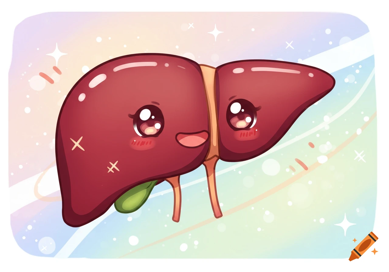 A cute anime-style illustration of a liver with large sparkling eyes and a smiling mouth, on a soft pastel background.