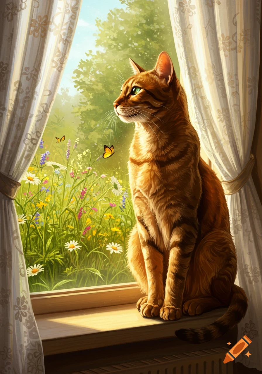 A ginger tabby cat with green eyes sits on a sunlit windowsill, looking out at a vibrant green garden with colorful wildflowers and butterflies.