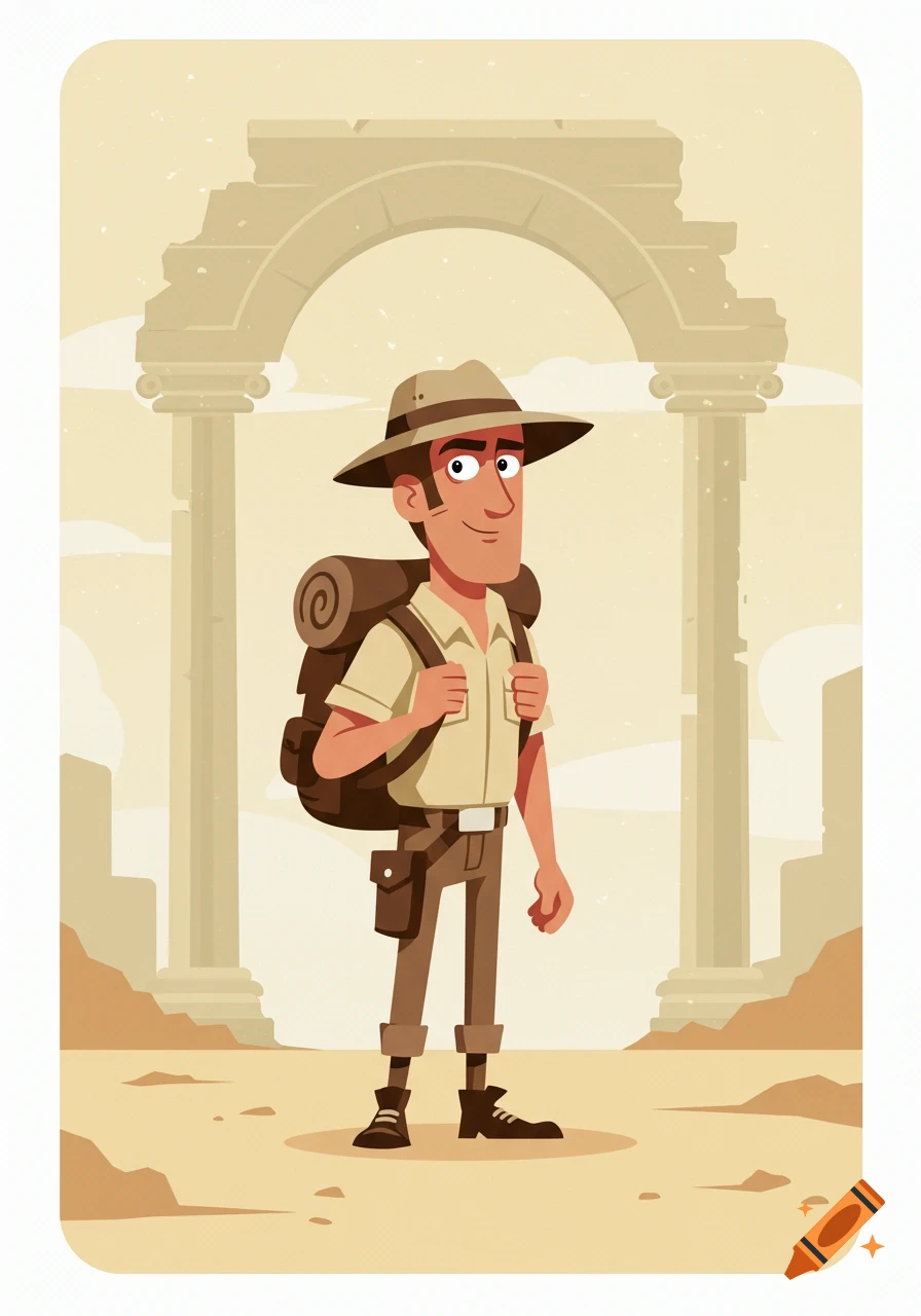 A cartoon male adventurer wearing a hat and backpack stands in front of ancient ruins in a desert.