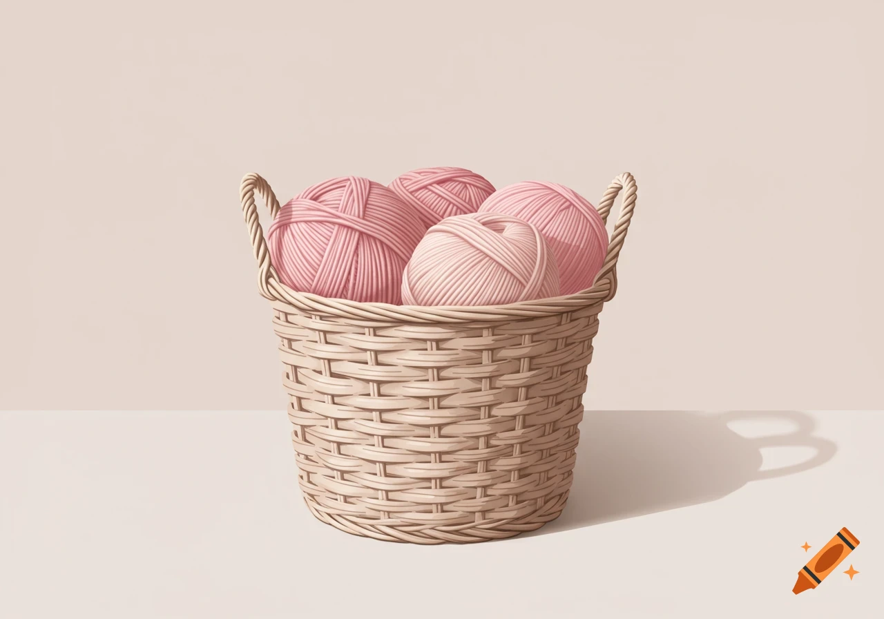 A close-up of a wicker basket filled with four balls of pink yarn, set against a plain light background in a graphic design style.