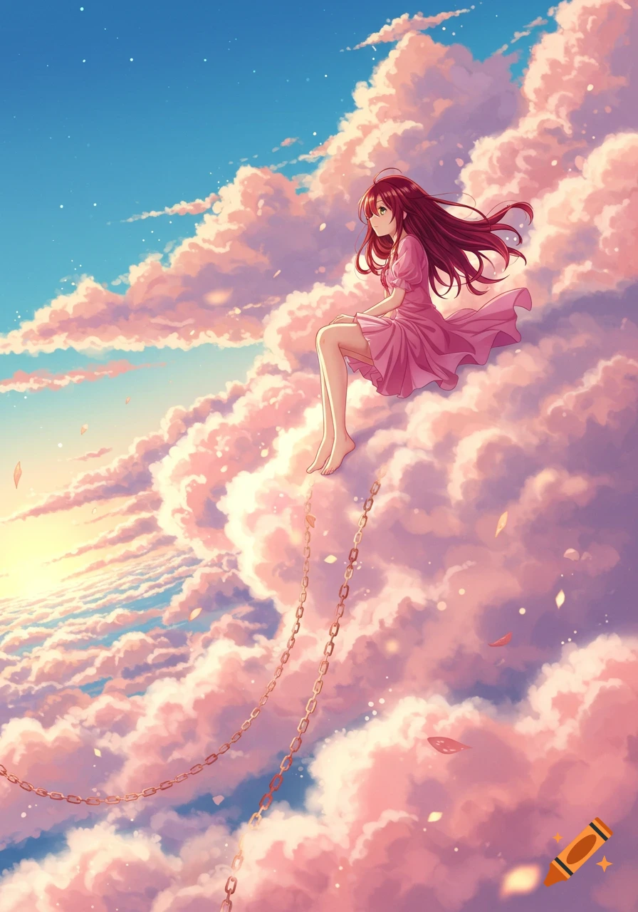 Anime girl with long burgundy hair in a pink dress, sitting on a fluffy pink cloud high in a blue sky with chains dangling below her.