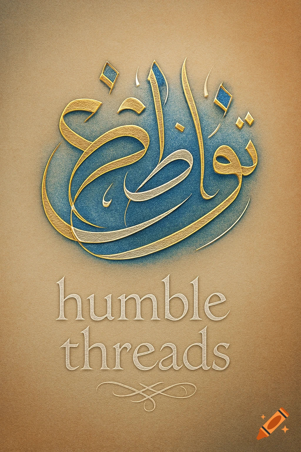 Elegant Arabic calligraphy in gold and blue spelling 'humility' above the words 'humble threads' in serif font on a textured beige background.