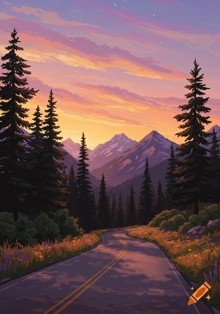 A winding mountain road at sunset with pine trees and snow-capped peaks under an orange and purple sky, in a digital painting style.