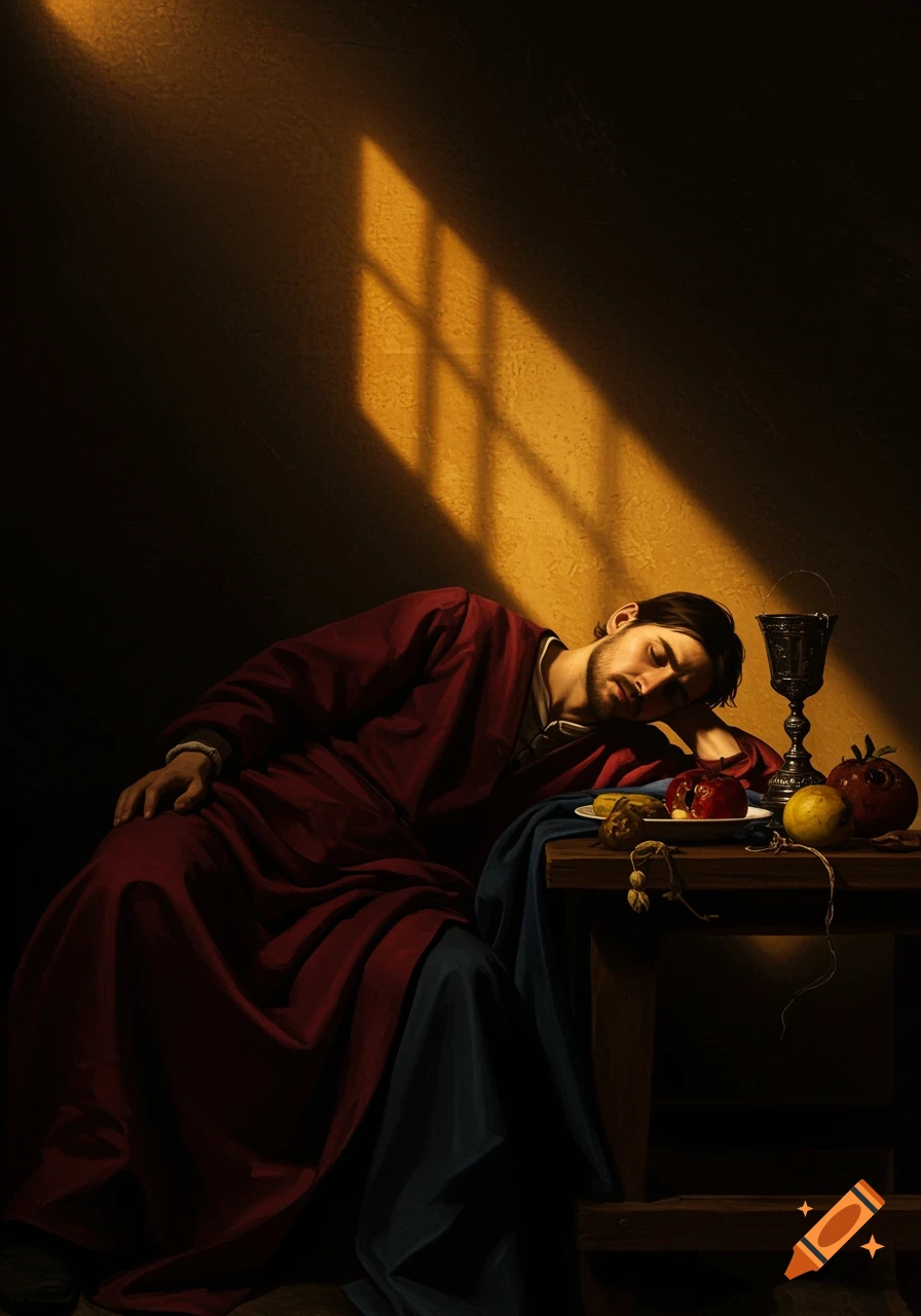 A man in a red robe sleeps at a table with fruit and a goblet, illuminated by a window light, in a Baroque painting style.