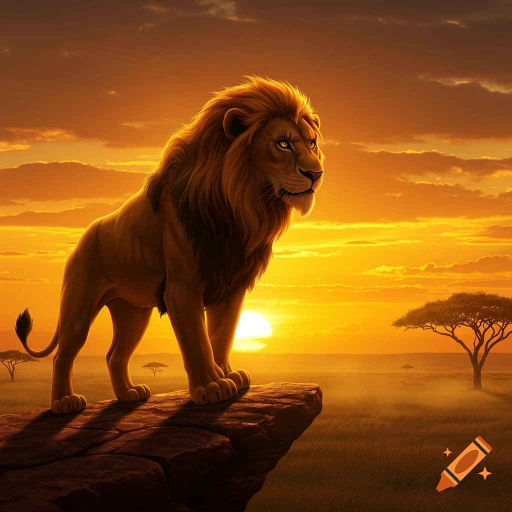 Majestic lion stands on a rock at sunset in a savanna with an acacia tree.