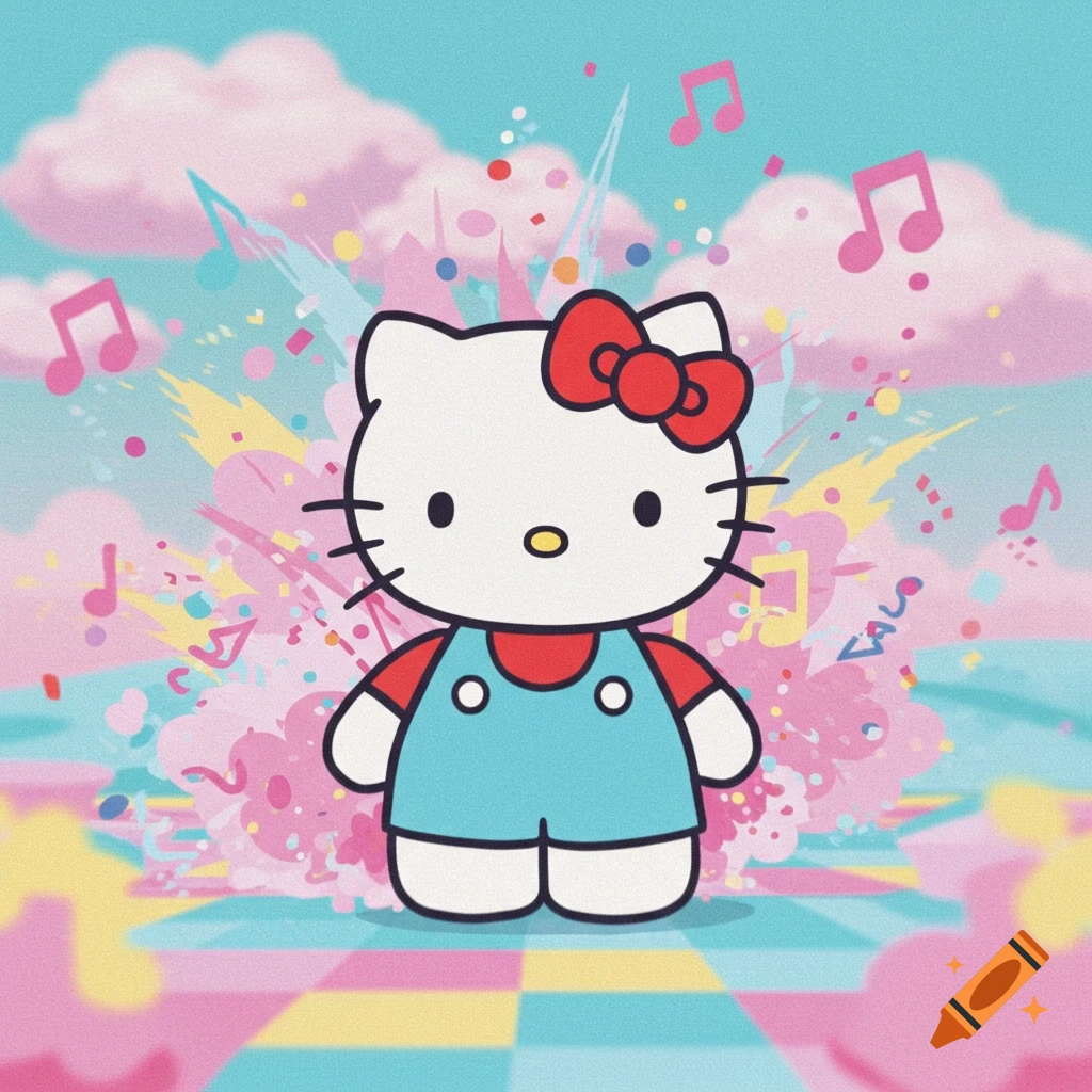 A colorful cartoon illustration of Hello Kitty in blue overalls surrounded by pink musical notes and confetti.