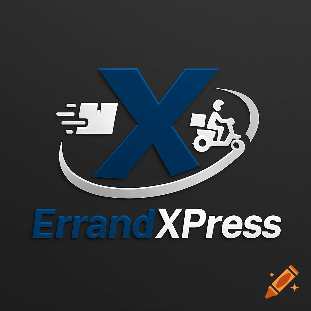 Modern logo for ErrandXPress with a large blue 'X', a white package icon, and a scooter icon, on a dark background.